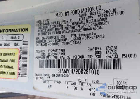 2013 Ford Fusion Se z USA, uszkodzony, nr VIN 3FA6P0H79DR281010